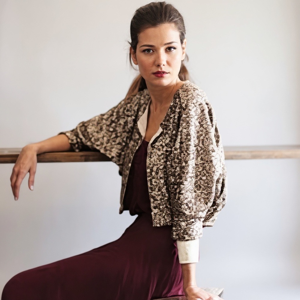 Anthropologie Neutral Textured Bomber Jacket - Beige and Brown